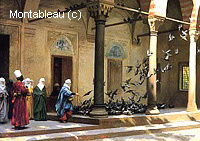 Femmes de Harem Nourrissant des Pigeons dans une Cour