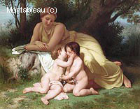 Young Woman Contemplating Two Embracing Children