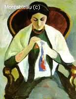 Woman sewing in an armchair