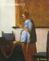 Woman in Blue Reading a Letter