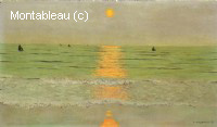 Coucher de soleil, eau verte et grève rosée