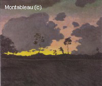 Coucher de soleil, grands nuages bleus