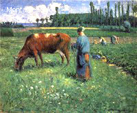 Fille Tirant une Vache dans un Pâturage